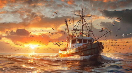 fishing trawler returning to port at sunrise its hull laden with bounty of freshly caught fish with...
