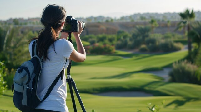Female Photographer Capturing Serene Golf Course Landscape at Sunset. Horizontal banner with copy space