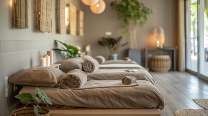Spa room inside a stylish room with massage table in a spa salon. Professional massage room with towels neatly placed on the bed