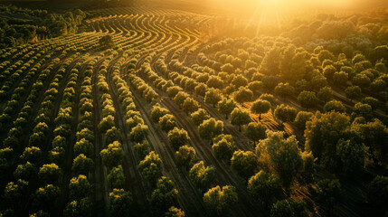 Fototapeta premium Aerial view of a sunlit agricultural orchard with curved rows at sunset, creating a peaceful and picturesque scenery.