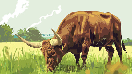 Horned bull grazing in rural pasture scene over whit