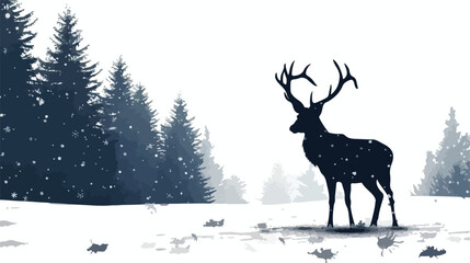 Horned deer standing in winter forest silhouette over