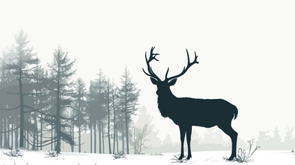 Horned deer standing in winter forest silhouette over