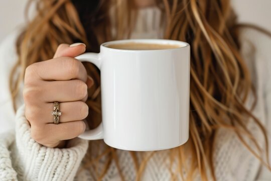 Close up of a woman's hand holding a white mug of coffee, wearing  white sweater in cold day.