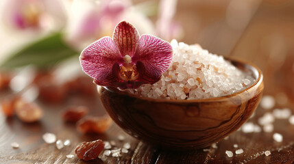 Spa composition with sea salt and orchid flower in wood