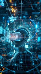 Fototapeta premium Virtual reality environment with digital interfaces and holographic displays background 3d styl.
