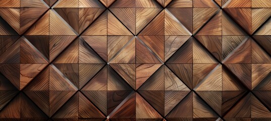 wooden wall background with brown and orange geometric pattern . Wall panel in diamond shape, made from wood with glossy surface. Wood texture.