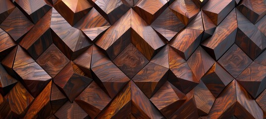 wooden wall background with brown and orange geometric pattern . Wall panel in diamond shape, made from wood with glossy surface. Wood texture.