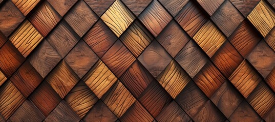 wooden wall background with brown and orange geometric pattern . Wall panel in diamond shape, made from wood with glossy surface. Wood texture.
