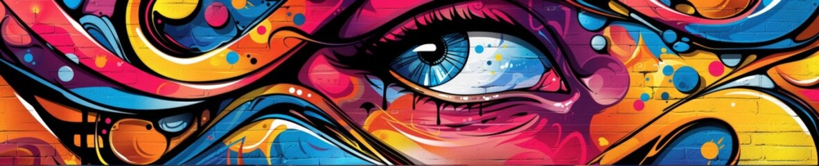 Vibrant Urban Street Art Featuring Colorful Eye Mural on City Wall. Horizontal banner