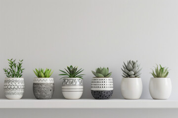 A series of minimalist ceramic plant pots with geometric patterns, arranged in a row on a white shelf, showcasing their modern aesthetic. 