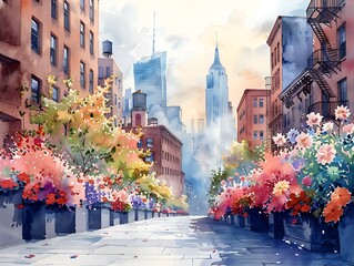 New York streets with windows and houses and flowers in watercolor style
