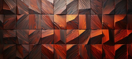 Obraz premium wooden wall background with brown and orange geometric pattern . Wall panel in diamond shape, made from wood with glossy surface. Wood texture.