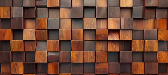 wooden wall background with brown and orange geometric pattern . Wall panel in diamond shape, made from wood with glossy surface. Wood texture.