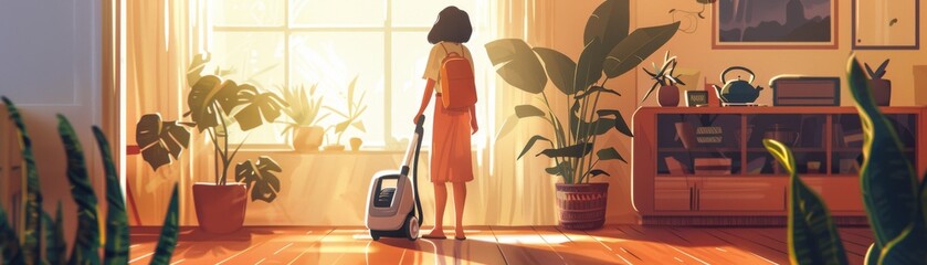 Create a digital artwork of a woman with a vacuum cleaner, efficiently cleaning her woodenfloored living space
