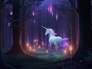 Create an image of a courageous unicorn leading a group of fantastical creatures through a dark forest, its horn lighting the way on their midjourney quest