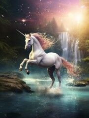 Create an image of a whimsical unicorn leaping over a sparkling river, its horn glowing with magic on its midjourney through a fairytale landscape