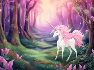 Design a scene of a mischievous unicorn exploring a hidden glen, its playful antics leading it deeper into the enchanted woods on its midjourney adventure