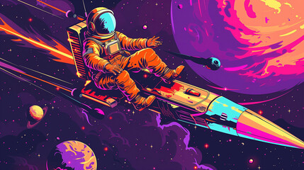 Vibrant Retro Astronaut Riding a Rocket in Colorful Space Illustration