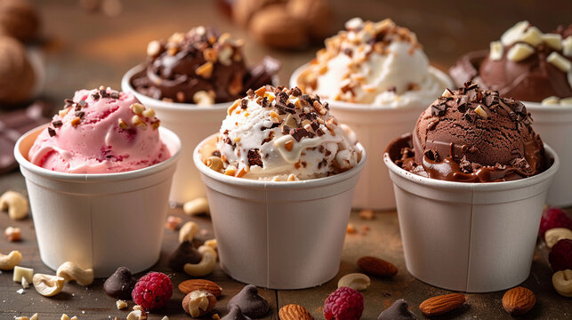 Ice Cream Assortment. Various colors ice creams scoops or gelato with nuts on brown wooden table. Frozen yogurt in small white paper cups - healthy summer dessert. horizontal background