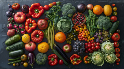 A colorful and healthy array of fresh vegetables and fruits spread out on a dark background.
