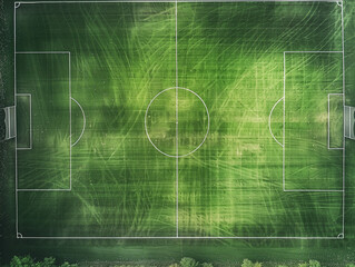A top view of the lush green grass on an outdoor soccer field, highlighting the vibrant green color with white lines marking patterns and spaces. The neatly manicured field features crisp