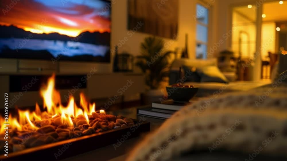 Poster the warm glow of the fire and the captivating images on the tv create a dynamic and inviting ambianc