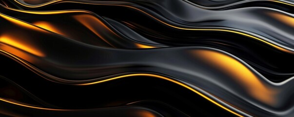 Abstract Golden Waves on Black Horizontal Background - Elegant Curved Lines and Modern Art Design