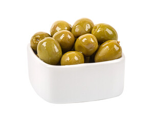 Green olives, in a white bowl