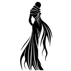 Monochrome line art drawing of a person with long dress