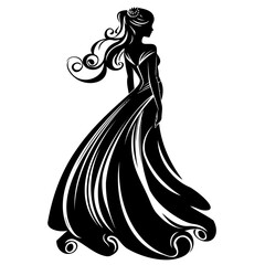 a black and white drawing of a woman in a long dress