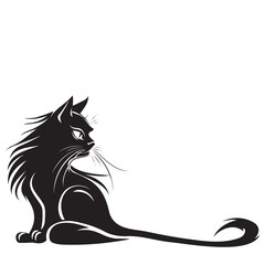 Line art illustration of a black cat with a long tail on a white background