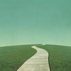 A conceptual art piece featuring a smooth, stone pathway leading through a tranquil, uniformly green landscape, symbolizing clarity and tranquility in minimalism. - obrazy, fototapety, plakaty
