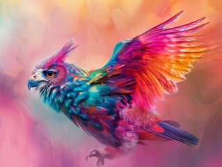 A psychedelic owl with rainbow feathers is flying in mid-air against a colorful background.