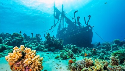 A fantastical underwater kingdom teeming with vibrant coral reefs, majestic sea creatures, and an ancient sunken shipwreck guarded by a mermaid princess.