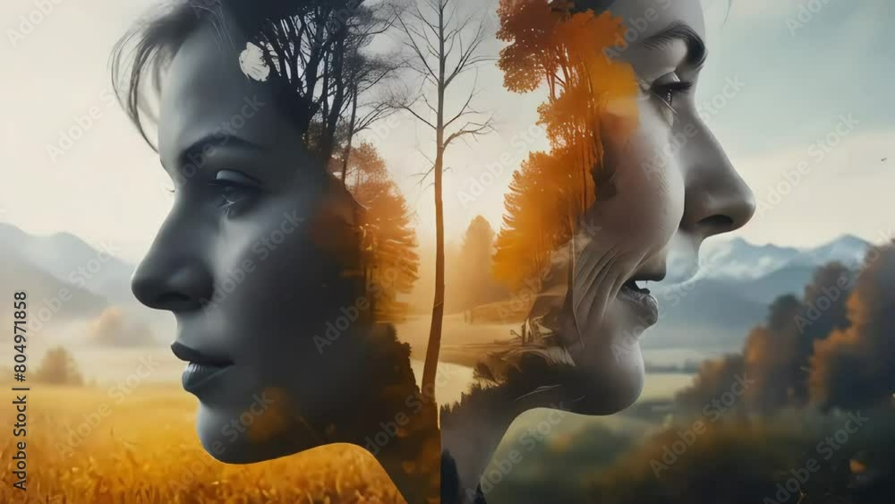 Aufkleber a poignant double exposure image of two faces merging seamlessly, their expressions transitioning fr