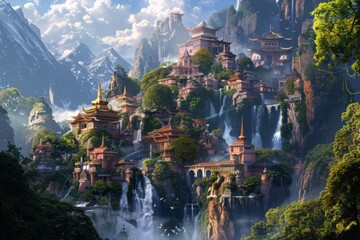 village by towering mountains cascading waterfalls