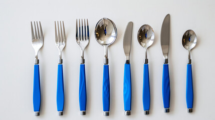 Stainless steel set of cutlery with blue handles on white