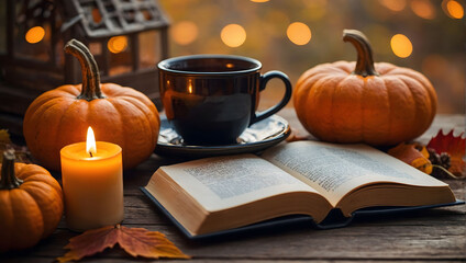 Autumn Ambiance, Warm and Cozy Scene with Cup of Tea, Candle, Book, and Pumpkins on Wooden Background.