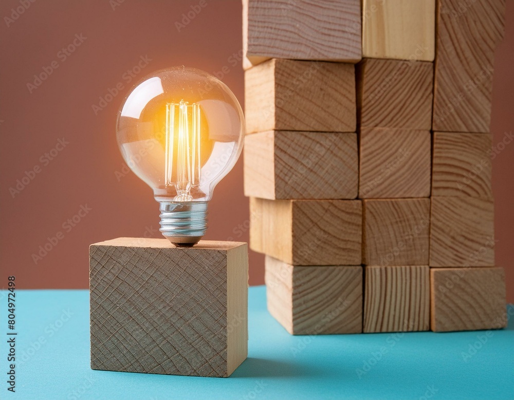 Poster illuminated light bulb on block with room for text on solid color background for impactful messaging