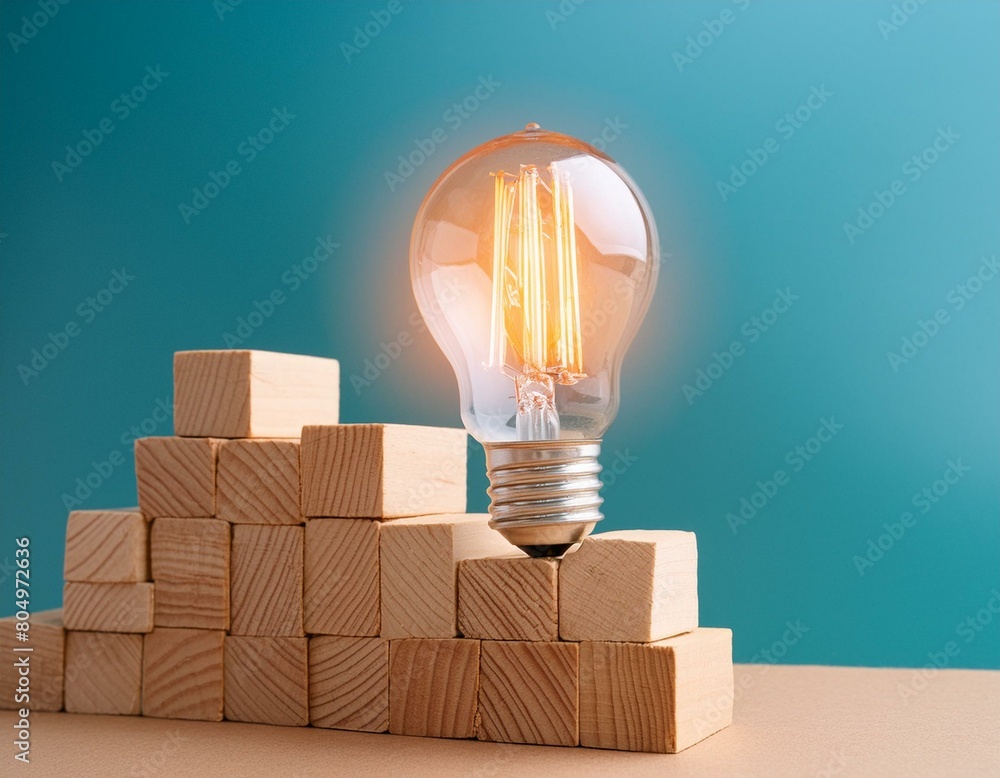 Poster illuminated light bulb on block with room for text on solid color background for impactful messaging
