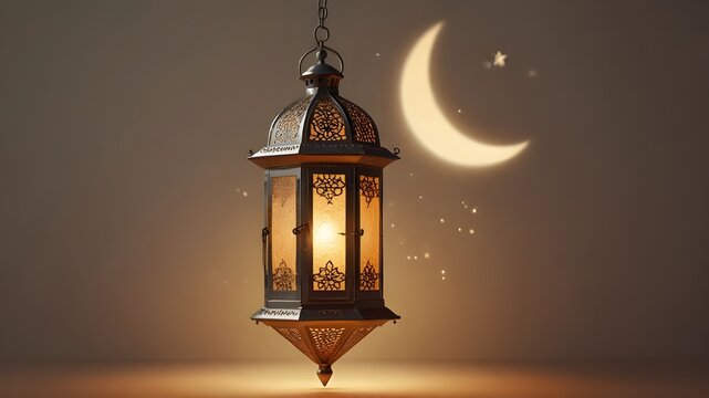 Glowing Ramadan lantern casting a warm light, hangs beside a crescent moon on a soft cream colored background with a subtle blurred pattern Generative AI