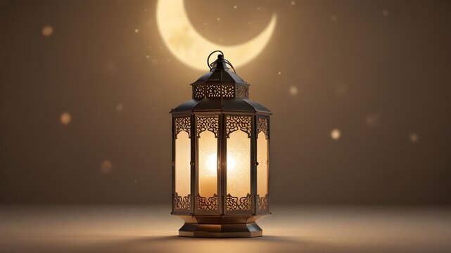 Glowing Ramadan lantern casting a warm light, hangs beside a crescent moon on a soft cream colored background with a subtle blurred pattern Generative AI - Powered by Adobe