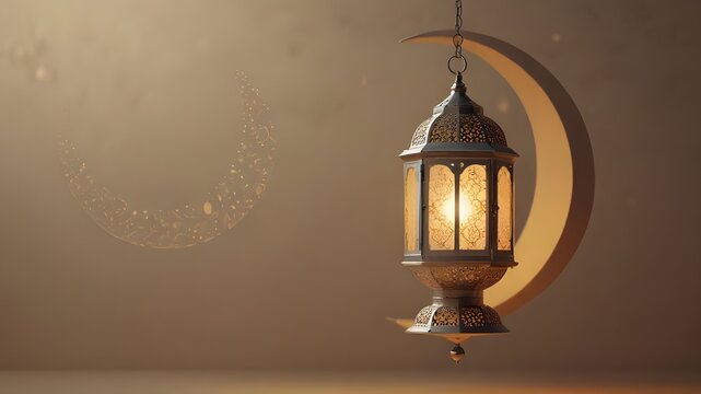 Glowing Ramadan lantern casting a warm light, hangs beside a crescent moon on a soft cream colored background with a subtle blurred pattern Generative AI