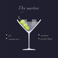 Dry martini cocktail isolated on a lemon background. Retro party, Vector illustration, fresh drink menu.