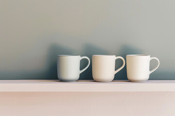 Fototapeta premium A series of minimalist ceramic or porcelain mugs with clean lines and matte finishes, arranged in a row on a solid-colored shelf, inviting relaxation and indulgence with every sip. 