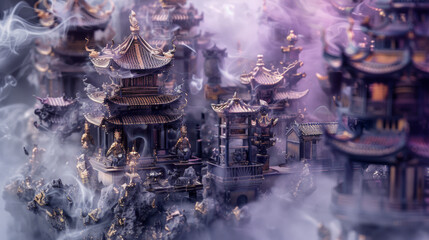 Magnificent Chinese-style Miniature Palaces Crafted from Amethyst and Gold, Surrounded by Bronze Statues and Smoke