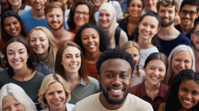 From directly above multi ethnic large group of people looking at camera