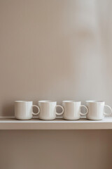 A series of minimalist ceramic or porcelain mugs with clean lines and matte finishes, arranged in a row on a solid-colored shelf, inviting relaxation and indulgence with every sip. 