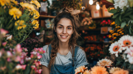 A cheerful young woman with braided hair smiling warmly while surrounded by colorful flowers in a cozy flower shop.